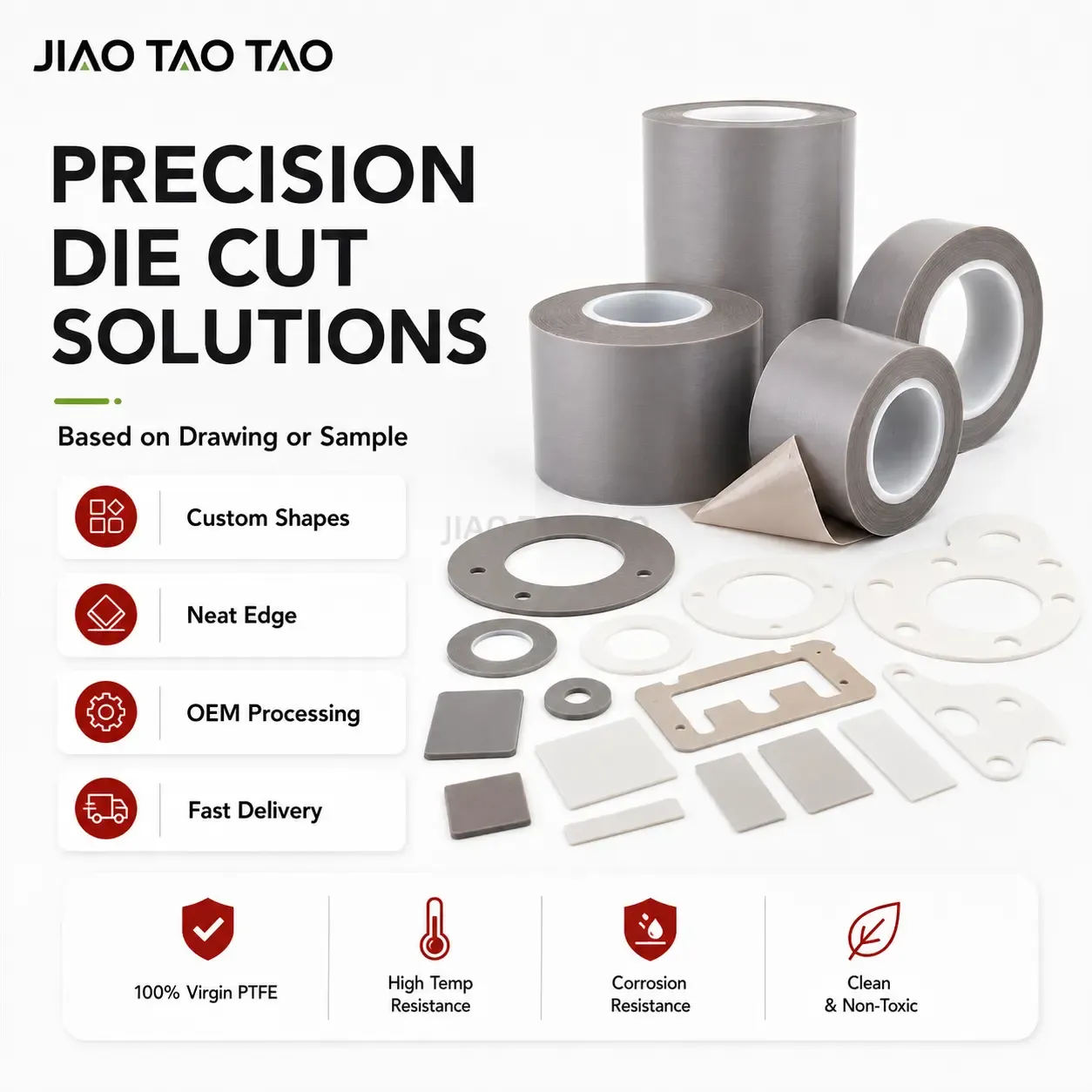 Custom PTFE film with width, thickness, length, and die cut customization.